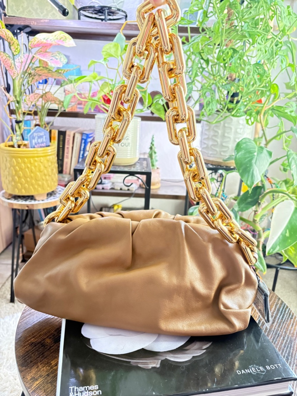 Bottega Veneta Gold Chain Handle Brown Leather Shoulder Bag